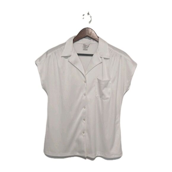 Vintage 80's White Button Down Collared Poly Blouse Top M/L Felice - Picture 1 of 4